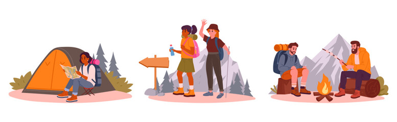 Outdoor hiking people. Active characters trekking and camping, outdoor adventure, hiking and backpacking flat vector illustration set. Cartoon tourists collection