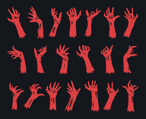 Spooky monsters hands. Halloween zombie arms, bony zombie hands silhouettes flat vector illustration set. Living dead characters limbs collection
