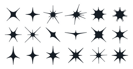 Star sparks. Shiny Y2K stars, magical twinkles and doodle stars, retro shimmering sparks elements flat vector illustration set. Glittering y2k flashlights silhouettes