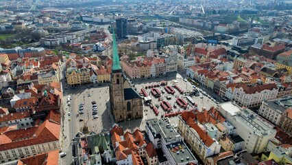 Aerial panorama view of the old town and market place of Pilsen, Czech Republic on a sunny spring...