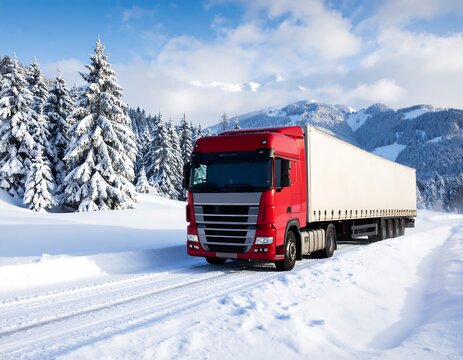 Red truck on snowy mountain road (3)