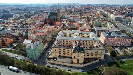 Aerial panorama view of the old town and market place of Pilsen, Czech Republic on a sunny spring...