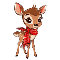 Smiling baby deer with a scarf, front-facing, calm expression. Vector-style illustration with bold, smooth outlines. Flat, vibrant colours. Clean high-resolution image with a pure white background. 