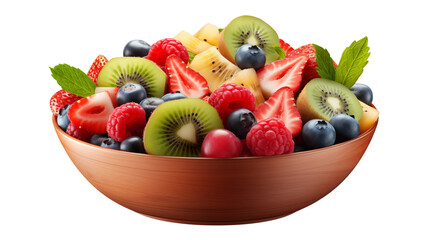 Vibrant bowl filled with fresh fruit salad featuring strawberries, kiwi, blueberries, and raspberries for a healthy snack transparent.