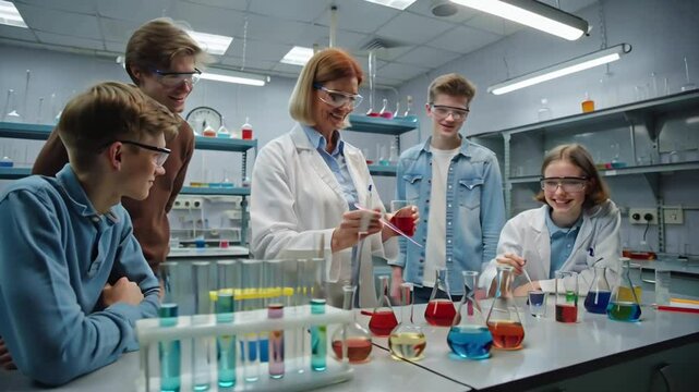 female chemistry teacher demonstrating chemical experiments to students at university