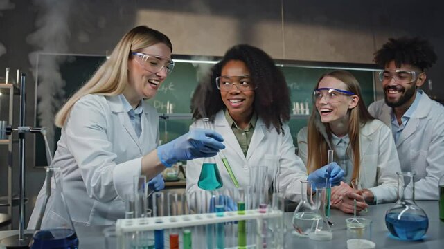 female chemistry teacher demonstrating chemical experiments to students at university