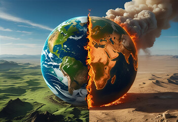Half-Earth green, half-burning and dry. Conceptual split-planet symbolism