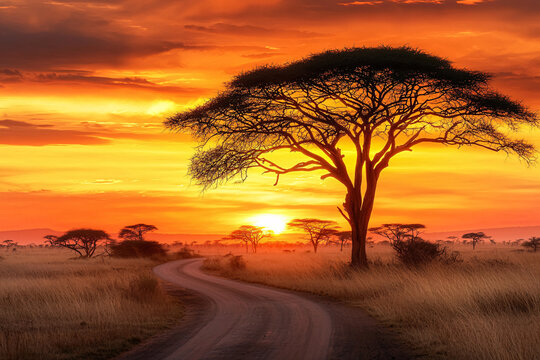 African sunset landscape with acacia tree and road