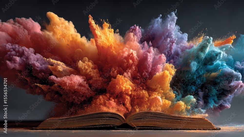 Poster Open book with colorful explosions representing knowledge and imagination unfolding in a world of abstract ideas