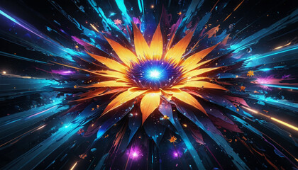 Fototapeta premium Stunning abstract flower art blooms with neon lights, radiating energy and visual appeal against a dark background.