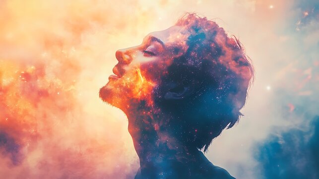 Mans silhouette enveloped in galaxy cosmic dust and fire with spiritual and introspective theme reflecting inner universe connection