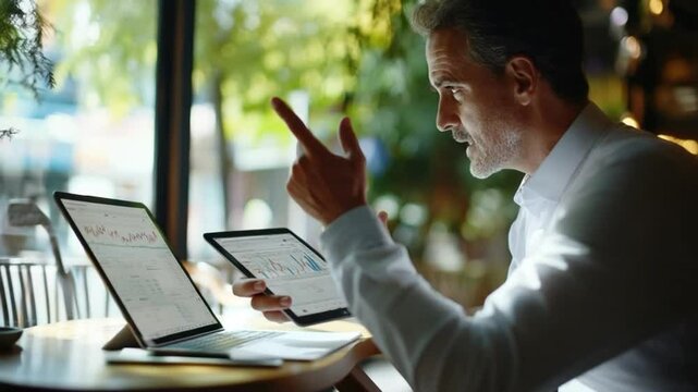 Business man analyzing stock data charts using multiple electronic devices at cafe