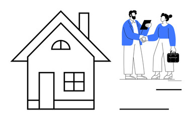 House outline paired with an agent and client shaking hands during property transaction. Ideal for real estate, home buying, mortgage, agreements, contracts, housing market, partnerships. Clean flat