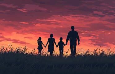 Silhouette of a family with parents and children walking together in a field at sunset, symbolizing unity, love, and togetherness.