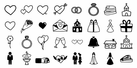 Family and wedding outline icon set. Containing marriage, party, love, rings, wedding car, ceremony, photo, dinner, bouquet, dress, tuxedo and more. Editable stroke. Vector illustration.