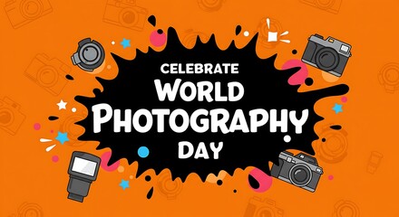 Colorful Vector Illustration to Celebrate World Photography Day with Camera Icons Flash Elements and Fun Typography on Bright Orange Background
