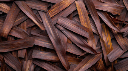 Close up of overlapping wooden slats with rich brown tones and smooth texture, creating natural and warm pattern that evokes sense of rustic craftsmanship and organic beauty