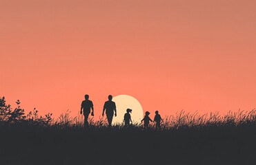 Silhouette of a family with parents and children walking together in a field at sunset, symbolizing unity, love, and togetherness.
