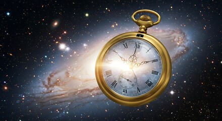 Vintage Pocket Watch Floating in Outer Space with Galaxy Background Representing Concept of Time Travel Universe Eternity and Cosmic Dimensions