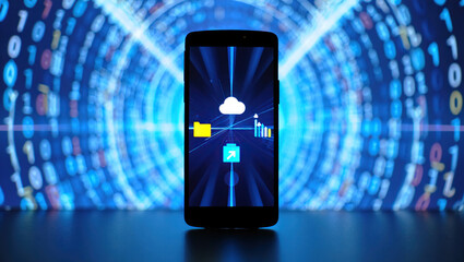 Smartphone Displaying Cloud Data Transfer with Binary Code Background, Representing Mobile Technology and Digital Information Exchange