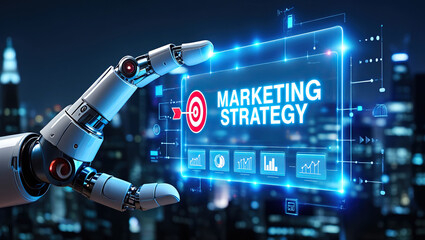 Robotic Arm Presenting a Futuristic Marketing Strategy Interface with Target and Data Analytics on a Transparent Screen Against a Cityscape Background