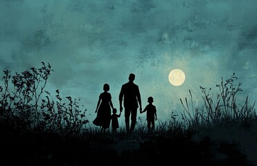 Silhouette of a family with parents and children walking together in a field at sunset, symbolizing unity, love, and togetherness.