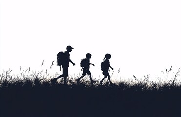 Silhouette of a family with parents and children walking together in a field at sunset, symbolizing unity, love, and togetherness.