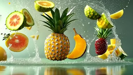 Vibrant assortment of splashing fruits including pineapple, watermelon, and banana in motion - Powered by Adobe