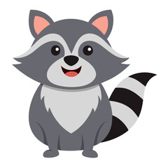 Cute cartoon raccoon. Smiling forest animal with striped tail.Suitable for educational poster, logo, children's books and  encyclopedias. Isolated vector illustration on white background. Front view.