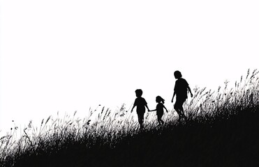 Silhouette of a family with parents and children walking together in a field at sunset, symbolizing unity, love, and togetherness.