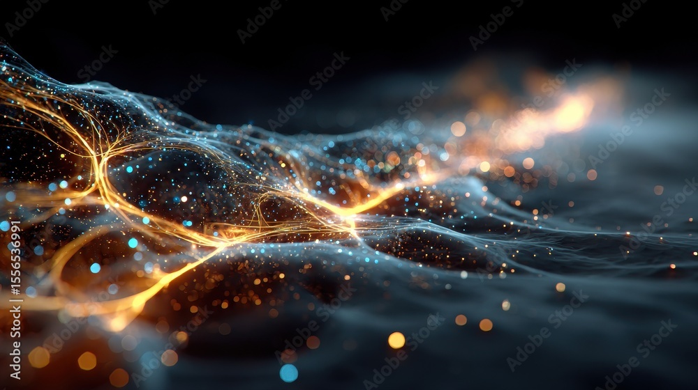 Poster Abstract network of interconnected glowing lines and dots resembling data streams and neural pathways in dark space