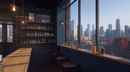 Urban cafe with a panoramic city view.