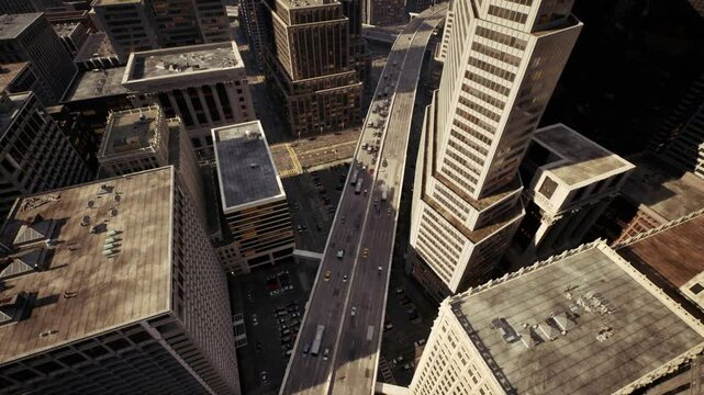 This dynamic hyperlapse showcases heavy traffic jams in a major city, highlighting the congestion on busy highways as vehicles navigate through the urban landscape during peak hours.