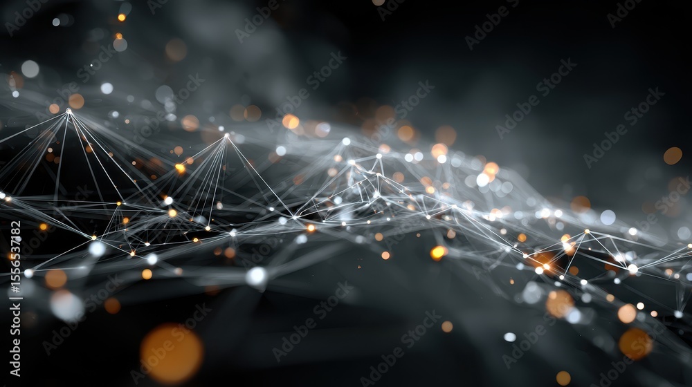 Poster Abstract network of interconnected glowing lines and dots resembling data streams and neural pathways in dark space
