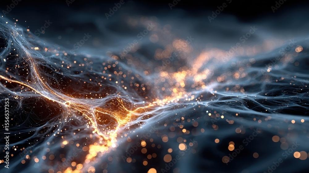 Poster Abstract network of interconnected glowing lines and dots resembling data streams and neural pathways in dark space