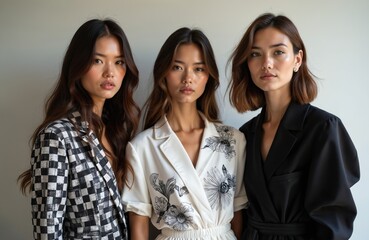 Obraz premium Three stylish women models in fashionable black, white outfits posing at backstage of fashion week. Elegant designer clothes, attractive faces, beautiful women. Fashionable modern look with gorgeous