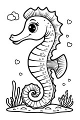 Fototapeta premium Vektor-Ausmalbild: Niedliches Seepferd in der Unterwasserwelt