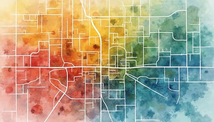 Watercolor city map with abstract streets, landmarks. Colorful gradient backdrop, urban planning design, ideal for presentations, infographics design. Abstract illustration of city planning for