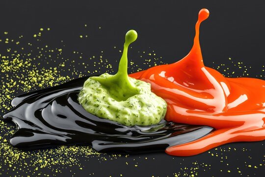 Cutout of sweet chili sauce cascading onto a black surface, neon green wasabi sauce adding a pop of color, with tzatziki providing a creamy texture in between, isolated on a PNG transparent background
