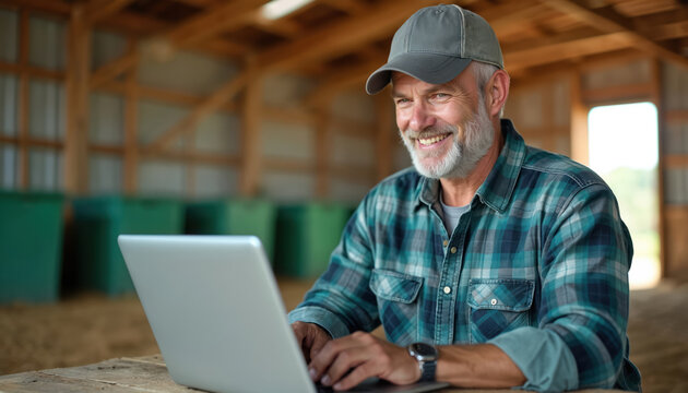 Smiling senior farmer using laptop in barn. Happy agricultural worker, rural business owner, planning harvest. Agriculture tech, farmland, positive attitude, eco-friendly farm. Man work, internet.
