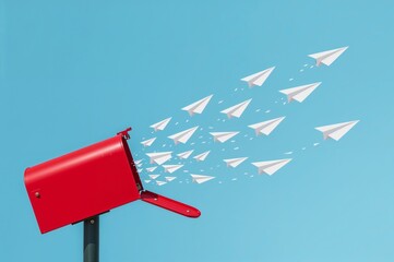 Red Mailbox Releasing Paper Airplanes into Sky