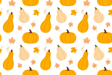 Repeating pattern with warm-toned pumpkins and autumn leaves, perfect for seasonal packaging and thanksgiving decor