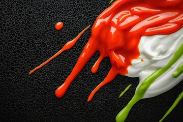 Cutout of sweet chili sauce cascading onto a black surface, neon green wasabi sauce adding a pop of color, with tzatziki providing a creamy texture in between, isolated on a PNG transparent background