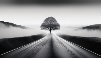 the image is in black and white it shows a road with a tree in the middle the road is surrounded by fog