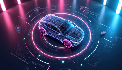 Futuristic autonomous vehicle illustration. Self-driving car technology concept graphic. Innovation in automotive industry. AI-powered transportation system. Digital automotive transport of future.