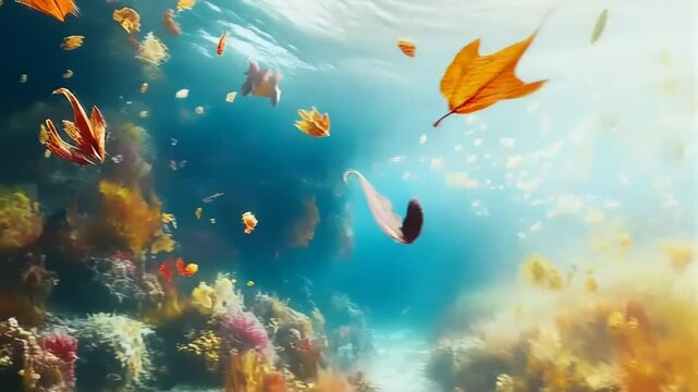 Aquatic crawfish scene: An underwater world where autumn leaves dance gracefully