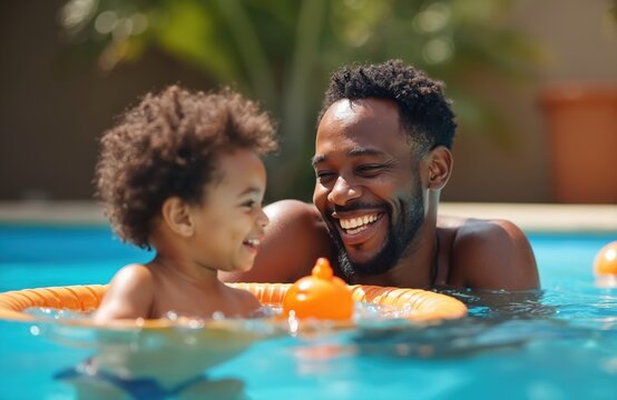 Happy African American father with child smiling in swimming pool. Summer family leisure. Joyful dad spends time with kid, enjoying fun. Happy childhood, vacation. Family time, together.