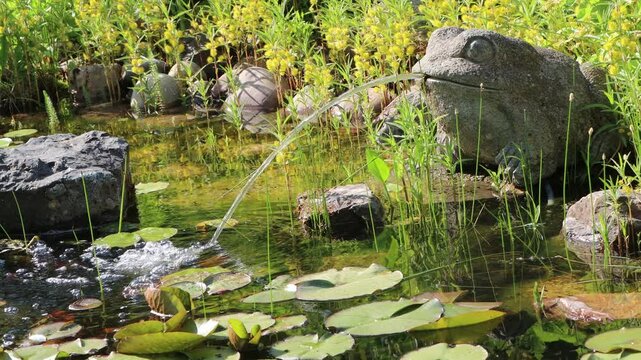 Wasser-speiender Frosch aus Stein am Gartenteich