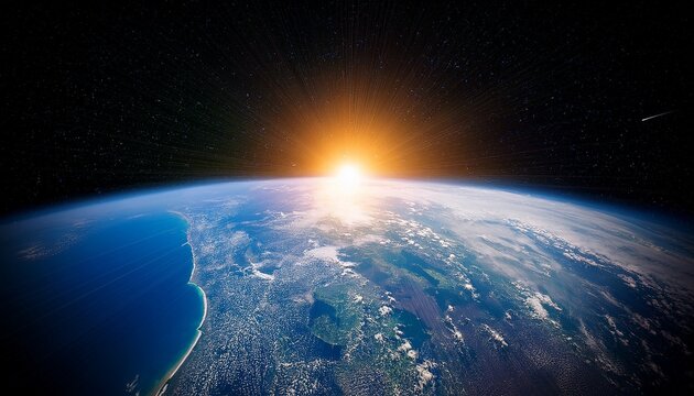 stunning view of earth from space with a bright sun emerging on the horizon - Powered by Adobe