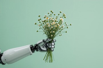 Robotic Arm Gently Holding a Bouquet of Wildflowers